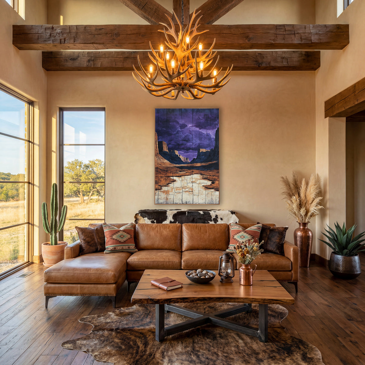Cracked Mesa Basin Purple Sky wall art in a rustic western-style room – desert canyon with orange cliffs and a cream