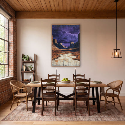 Cracked Mesa Basin Purple Sky wall art in a rustic western-style room – desert canyon with orange cliffs and a cream
