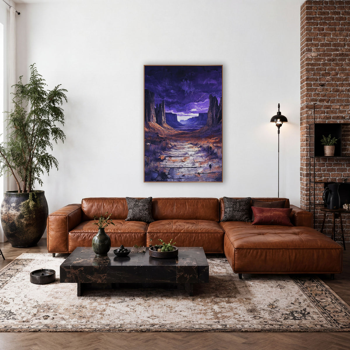 Flagstone Lightning Gorge Violet Dusk wall art in a rustic western-style room – desert canyon with tall rock spires