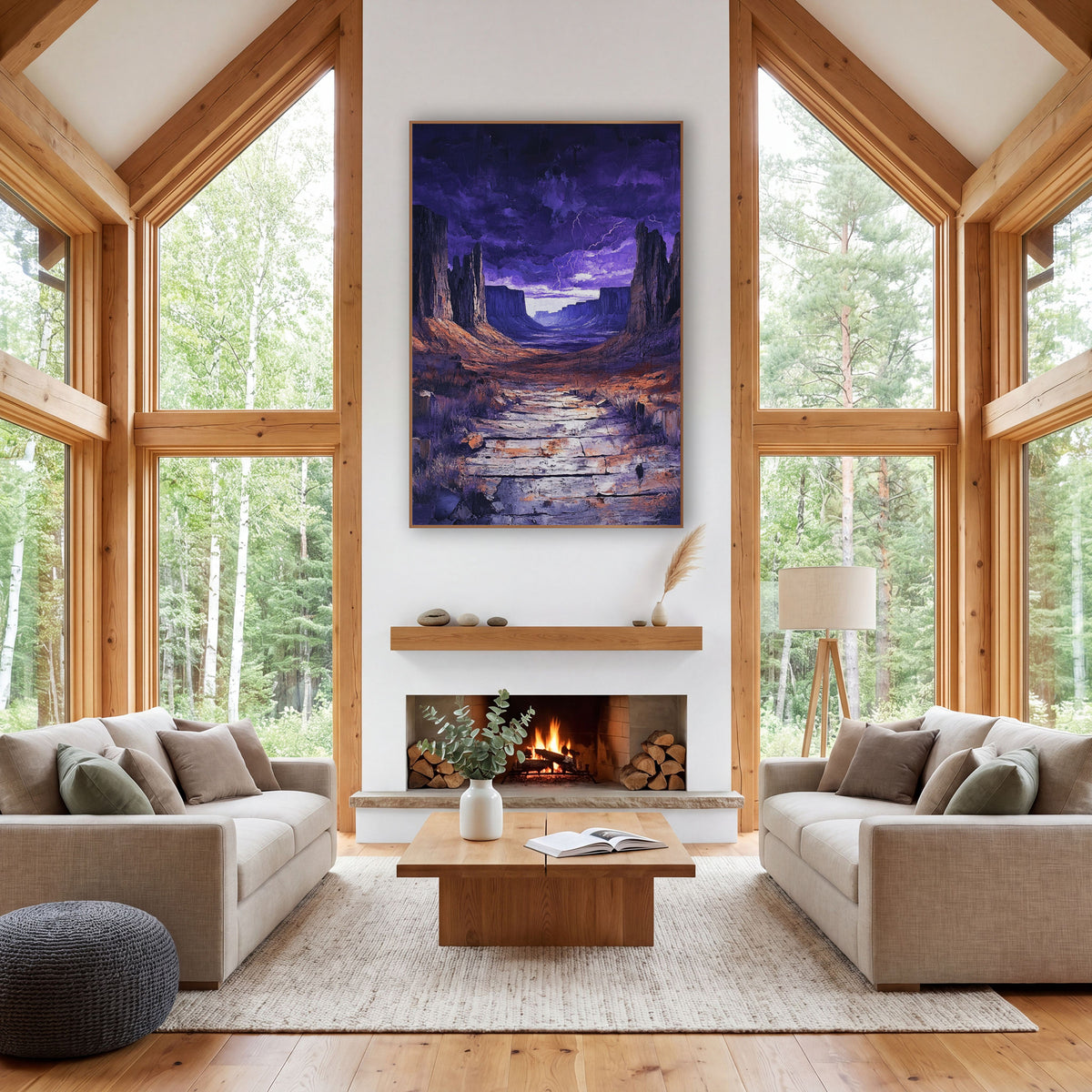 Flagstone Lightning Gorge Violet Dusk wall art in a rustic western-style room – desert canyon with tall rock spires