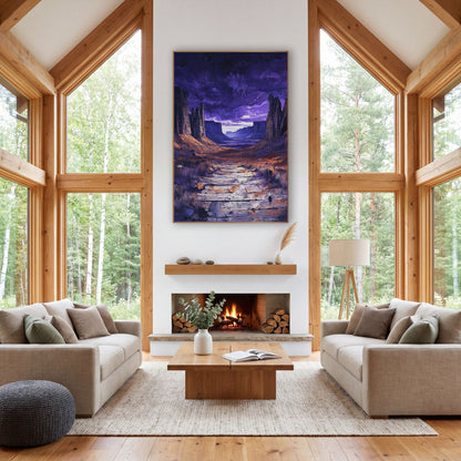 Flagstone Lightning Gorge Violet Dusk wall art in a rustic western-style room – desert canyon with tall rock spires
