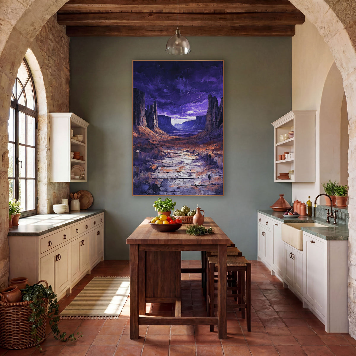Flagstone Lightning Gorge Violet Dusk wall art in a rustic western-style room – desert canyon with tall rock spires