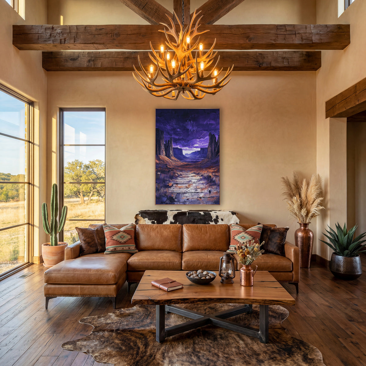Flagstone Lightning Gorge Violet Dusk wall art in a rustic western-style room – desert canyon with tall rock spires