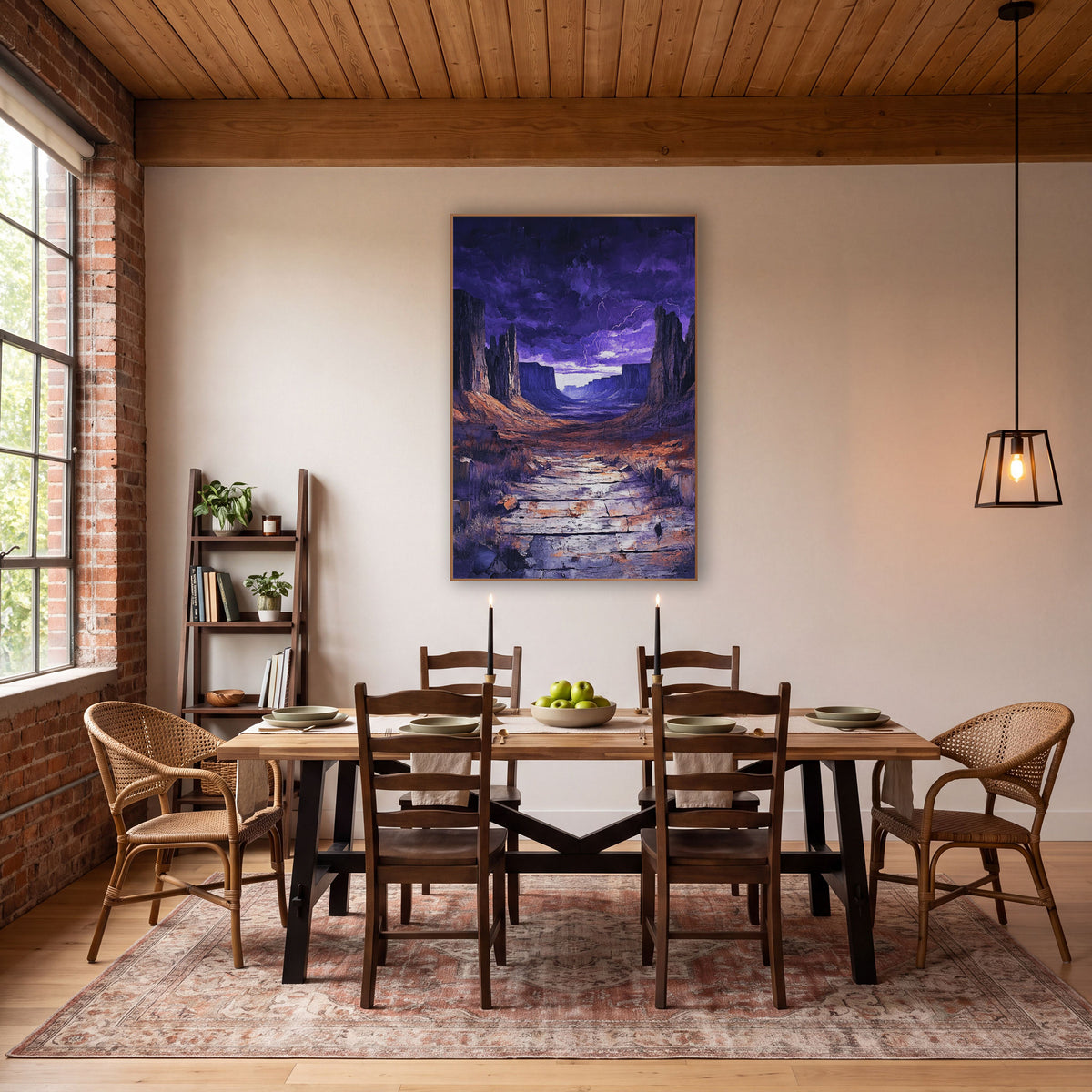 Flagstone Lightning Gorge Violet Dusk wall art in a rustic western-style room – desert canyon with tall rock spires