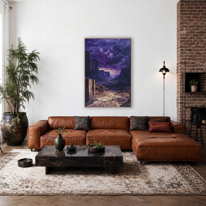 Purple Desert Canyon Storm Western wall art in a rustic western-style room – desert canyon with tall cliffs