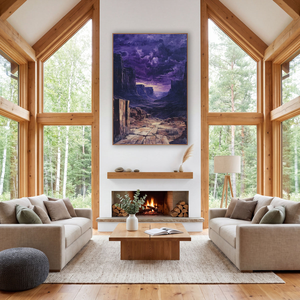 Purple Desert Canyon Storm Western wall art in a rustic western-style room – desert canyon with tall cliffs