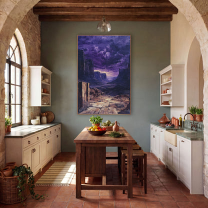 Purple Desert Canyon Storm Western wall art in a rustic western-style room – desert canyon with tall cliffs