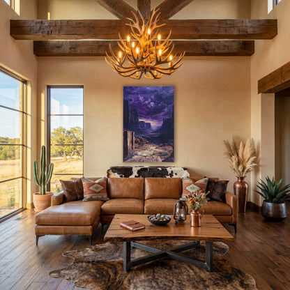 Purple Desert Canyon Storm Western wall art in a rustic western-style room – desert canyon with tall cliffs