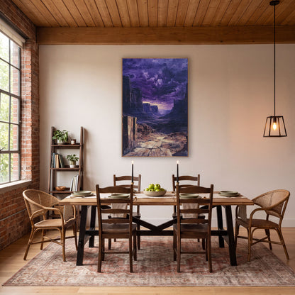 Purple Desert Canyon Storm Western wall art in a rustic western-style room – desert canyon with tall cliffs