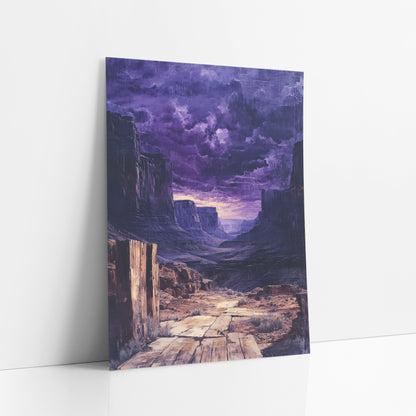 Purple Desert Canyon Storm Western art print leaning against a white wall – desert canyon with tall cliffs, a weathered plank