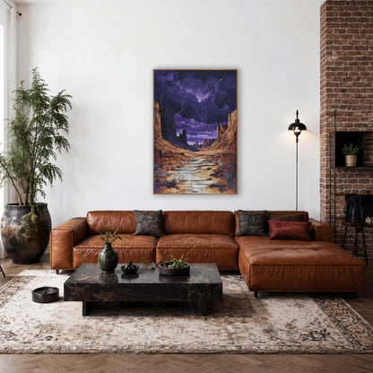 Purple Storm Canyon Western Decor wall art in a rustic western-style room – desert canyon with rust-gold cliffs