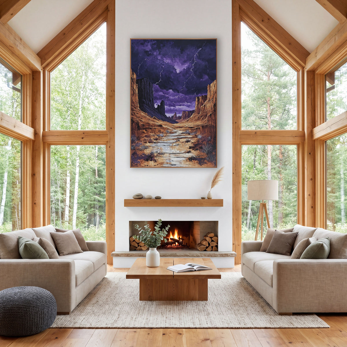 Purple Storm Canyon Western Decor wall art in a rustic western-style room – desert canyon with rust-gold cliffs