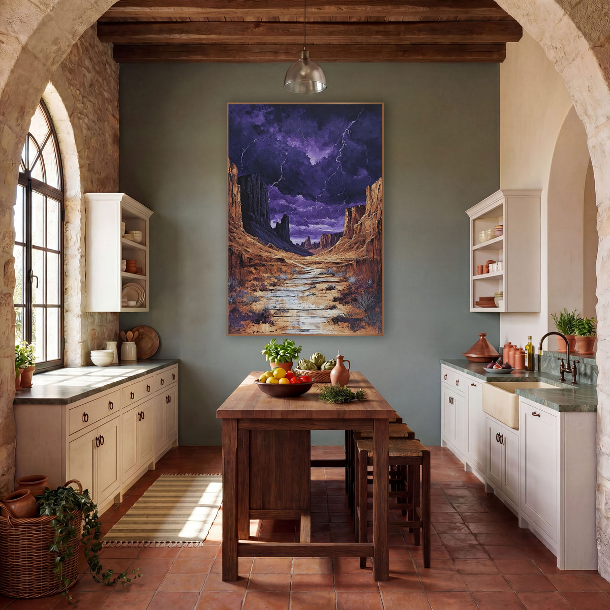 Purple Storm Canyon Western Decor wall art in a rustic western-style room – desert canyon with rust-gold cliffs