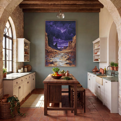 Purple Storm Canyon Western Decor wall art in a rustic western-style room – desert canyon with rust-gold cliffs