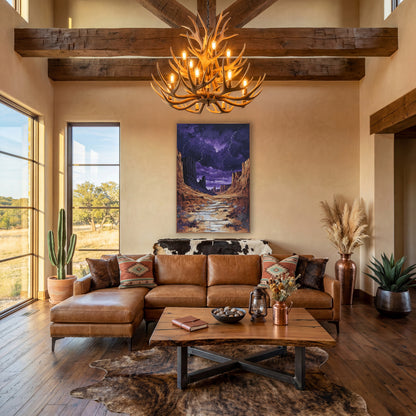 Purple Storm Canyon Western Decor wall art in a rustic western-style room – desert canyon with rust-gold cliffs