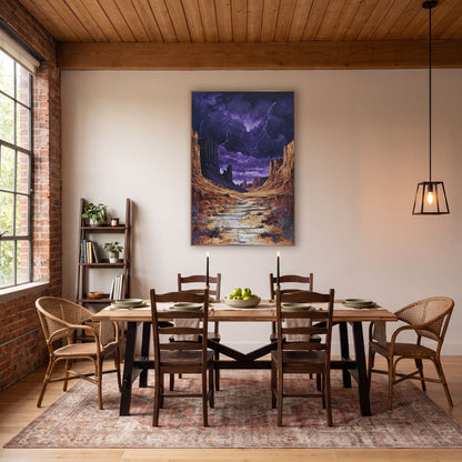 Purple Storm Canyon Western Decor wall art in a rustic western-style room – desert canyon with rust-gold cliffs