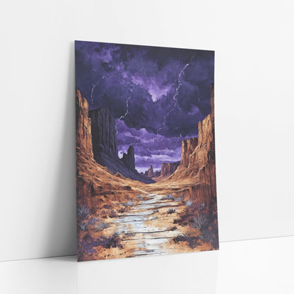 Purple Storm Canyon Western Decor art print leaning against a white wall – desert canyon with rust-gold cliffs, a pale