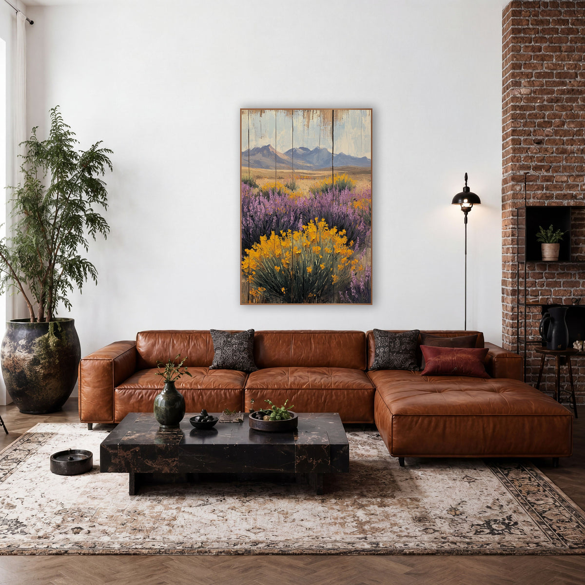 Desert Wildflower Mountain Landscape Western wall art in a rustic western-style room – yellow flowering shrub