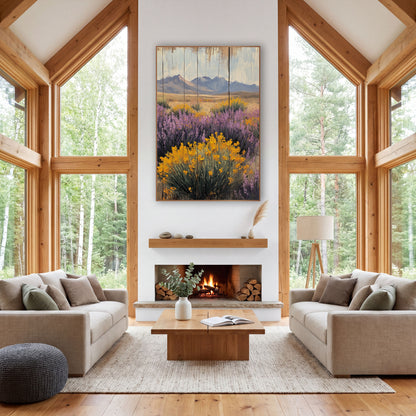 Desert Wildflower Mountain Landscape Western wall art in a rustic western-style room – yellow flowering shrub