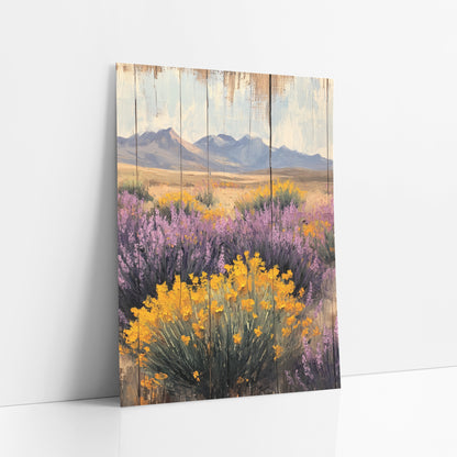 Desert Wildflower Mountain Landscape Western art print leaning against a white wall – yellow flowering shrub and purple