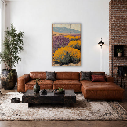 Purple Yellow Desert Bloom Western wall art in a rustic western-style room – purple lavender and yellow flowering
