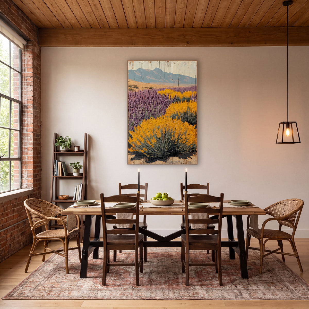 Purple Yellow Desert Bloom Western wall art in a rustic western-style room – purple lavender and yellow flowering