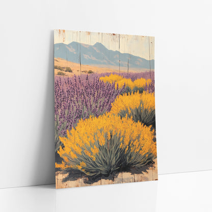 Purple Yellow Desert Bloom Western art print leaning against a white wall – purple lavender and yellow flowering shrubs