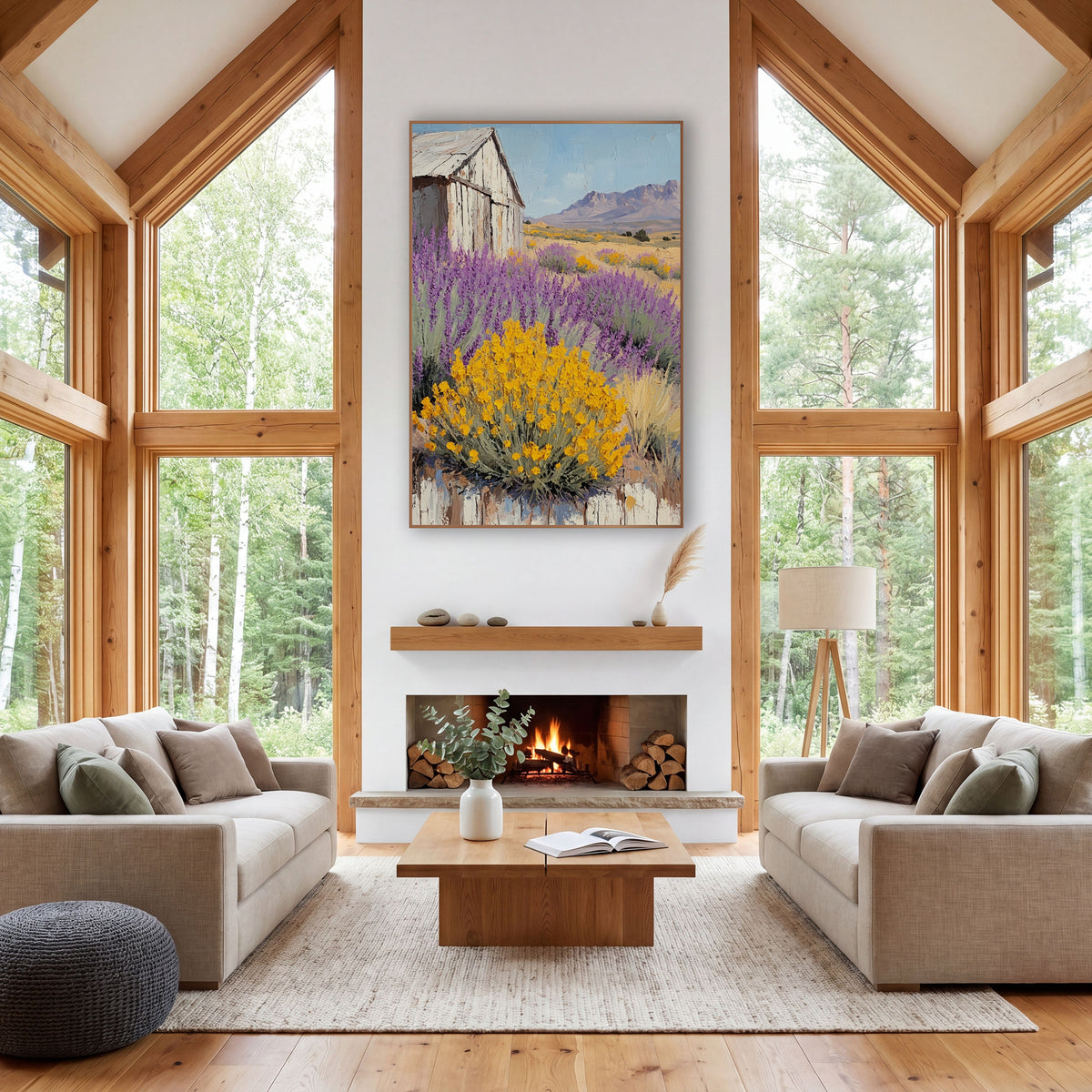 Lavender Brittlebush Desert Barn Western wall art in a rustic western-style room – purple lavender and yellow