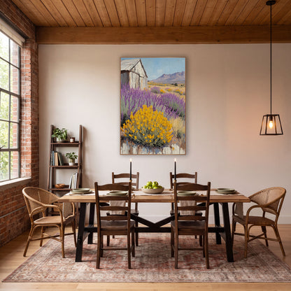 Lavender Brittlebush Desert Barn Western wall art in a rustic western-style room – purple lavender and yellow
