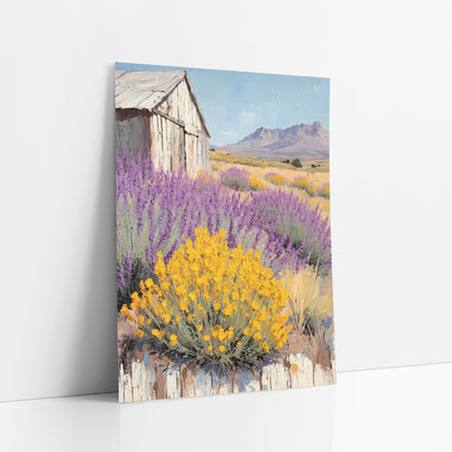 Lavender Brittlebush Desert Barn Western art print leaning against a white wall – purple lavender and yellow wildflowers