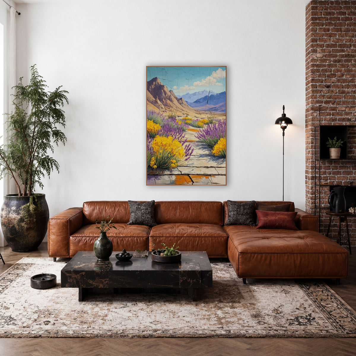 Desert Lavender Brittlebush Mountain Landscape wall art in a rustic western-style room – purple lavender and yellow