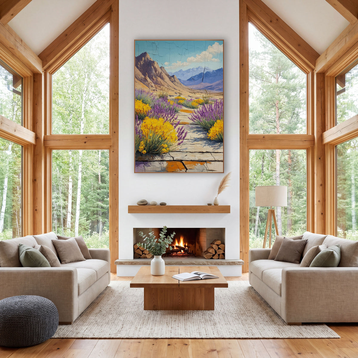 Desert Lavender Brittlebush Mountain Landscape wall art in a rustic western-style room – purple lavender and yellow