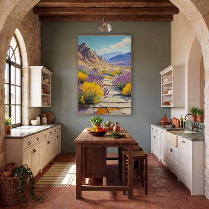 Desert Lavender Brittlebush Mountain Landscape wall art in a rustic western-style room – purple lavender and yellow