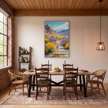 Desert Lavender Brittlebush Mountain Landscape wall art in a rustic western-style room – purple lavender and yellow