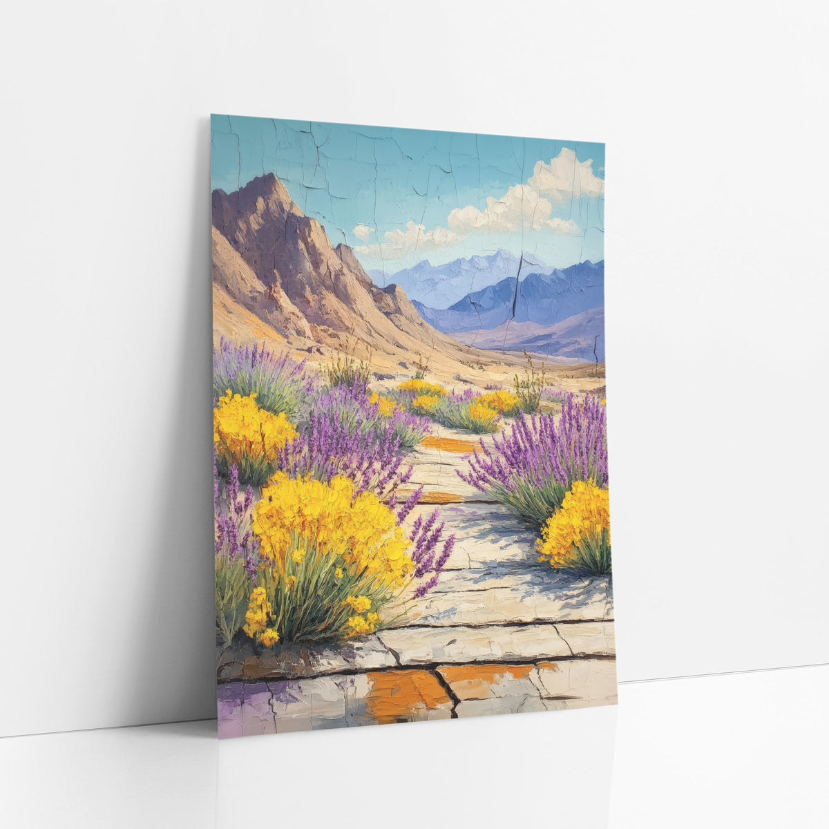 Desert Lavender Brittlebush Mountain Landscape art print leaning against a white wall – purple lavender and yellow shrubs