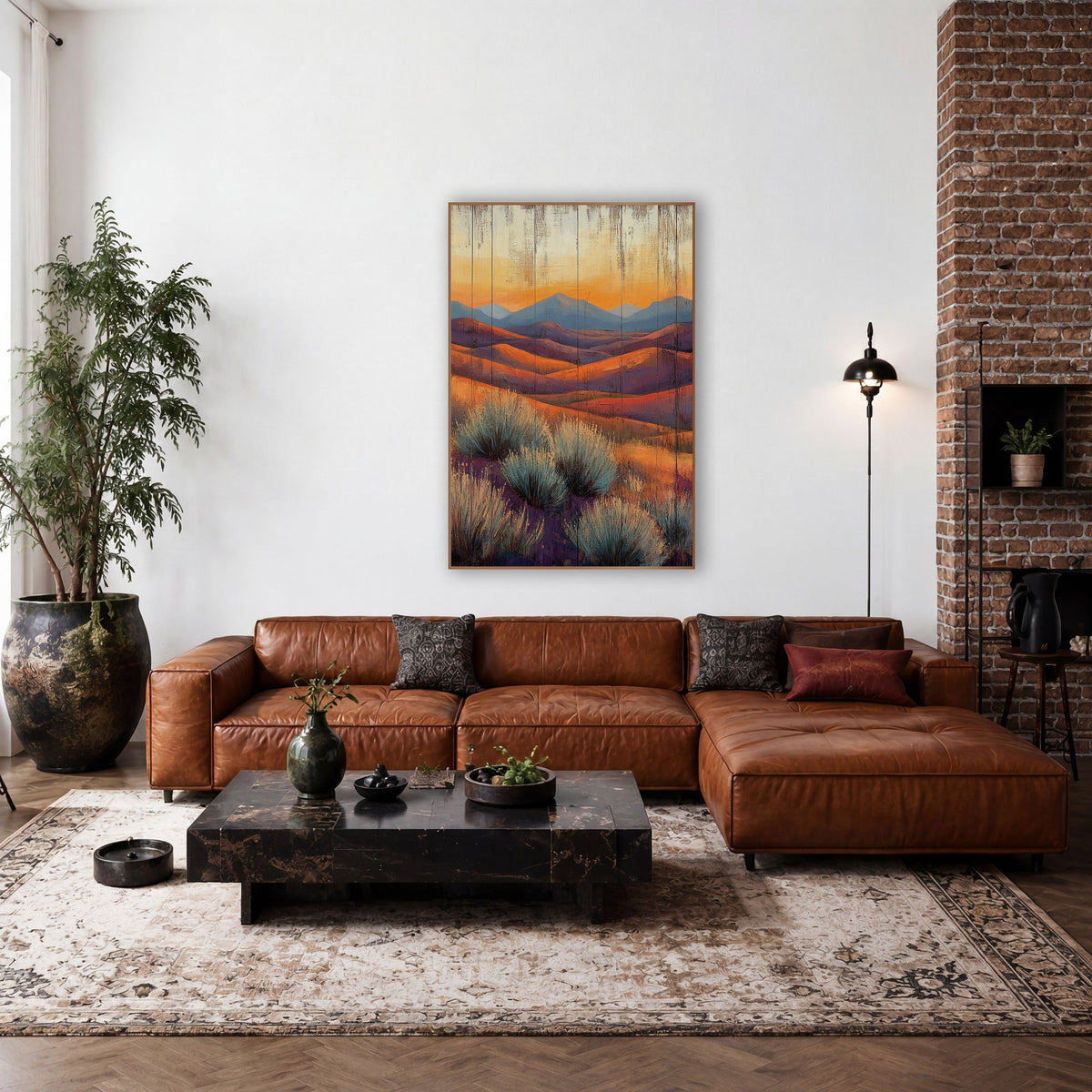 Sunlit Desert Hills Sagebrush Western wall art in a rustic western-style room – desert hills in orange and purple