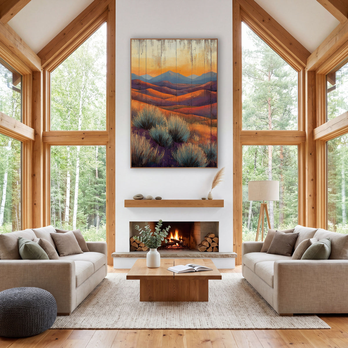 Sunlit Desert Hills Sagebrush Western wall art in a rustic western-style room – desert hills in orange and purple