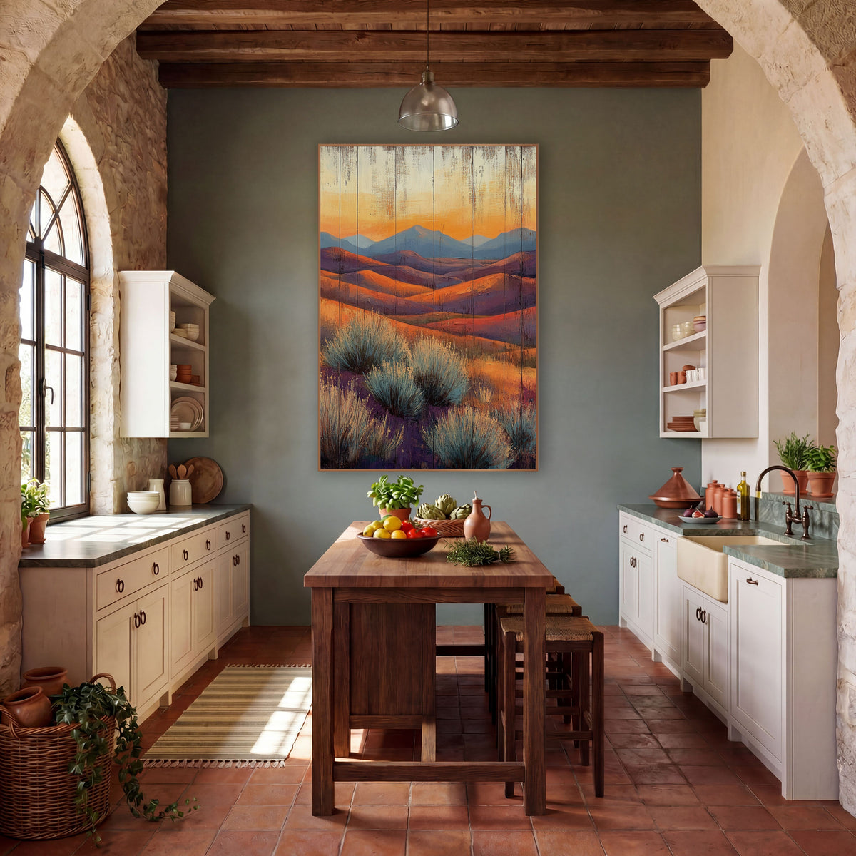 Sunlit Desert Hills Sagebrush Western wall art in a rustic western-style room – desert hills in orange and purple
