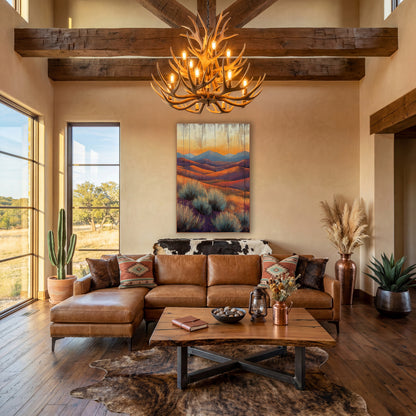 Sunlit Desert Hills Sagebrush Western wall art in a rustic western-style room – desert hills in orange and purple