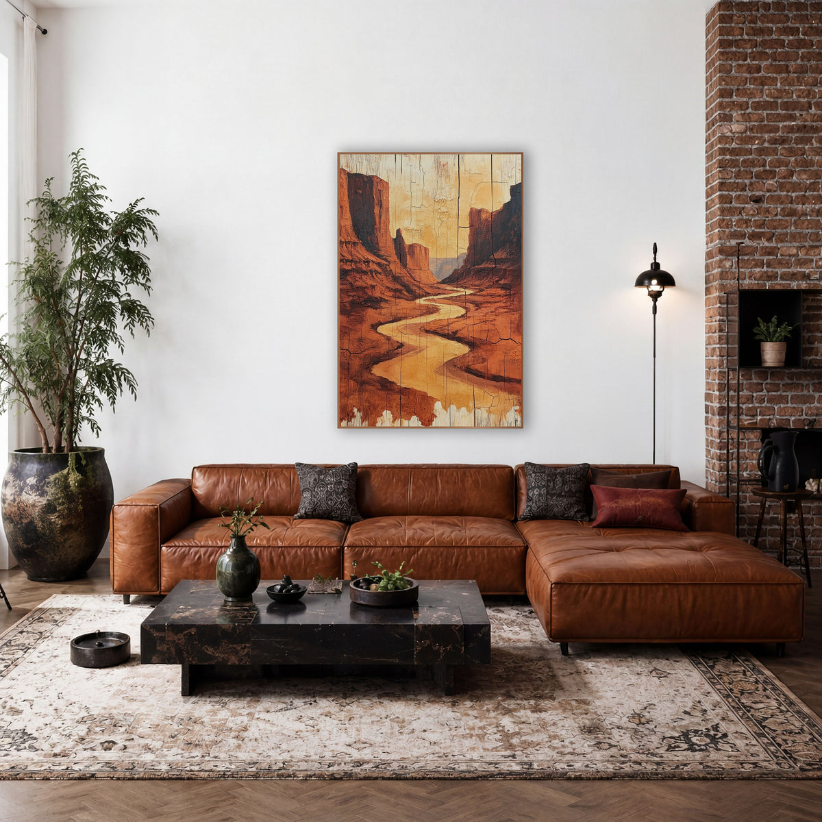 Golden Canyon Ribbon Weathered Plank wall art in a rustic western-style room – golden river winding through tall red