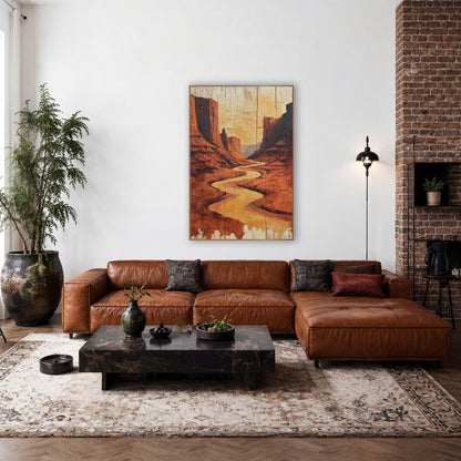 Golden Canyon Ribbon Weathered Plank wall art in a rustic western-style room – golden river winding through tall red