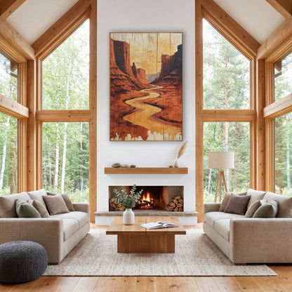 Golden Canyon Ribbon Weathered Plank wall art in a rustic western-style room – golden river winding through tall red