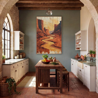 Golden Canyon Ribbon Weathered Plank wall art in a rustic western-style room – golden river winding through tall red