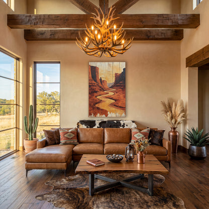 Golden Canyon Ribbon Weathered Plank wall art in a rustic western-style room – golden river winding through tall red
