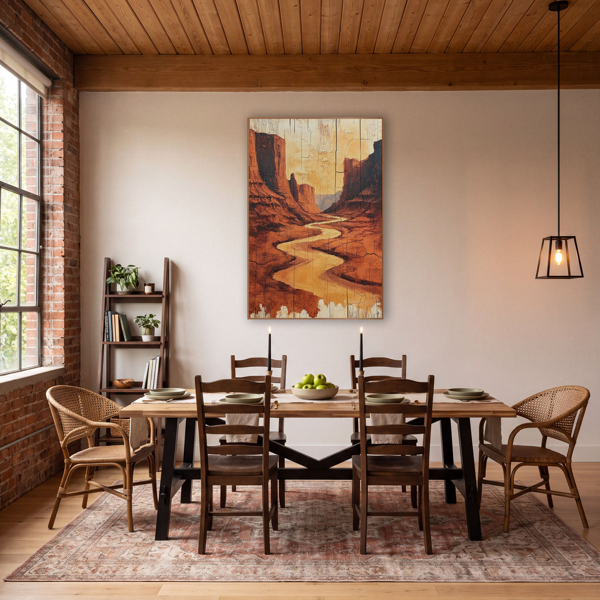 Golden Canyon Ribbon Weathered Plank wall art in a rustic western-style room – golden river winding through tall red