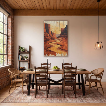 Golden Canyon Ribbon Weathered Plank wall art in a rustic western-style room – golden river winding through tall red