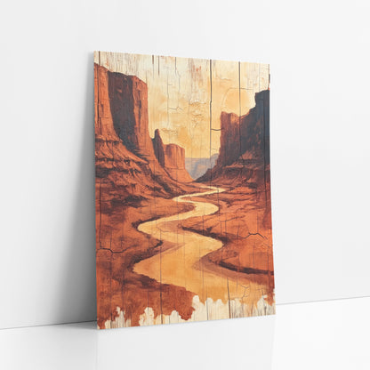 Golden Canyon Ribbon Weathered Plank art print leaning against a white wall – golden river winding through tall red rock