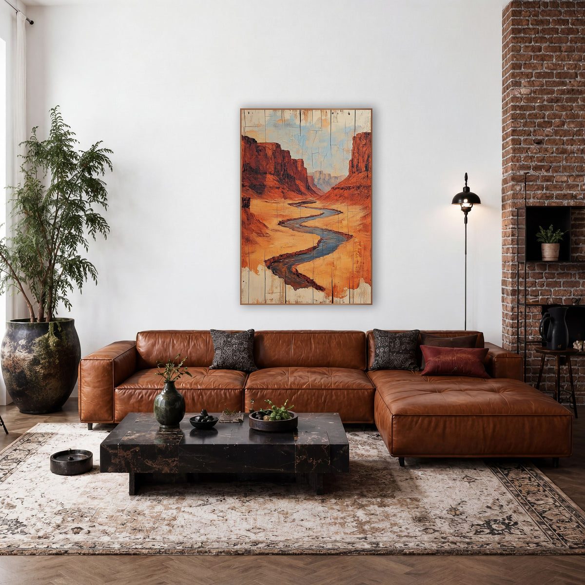 Blue Stream Canyon Cracked Plank wall art in a rustic western-style room – winding blue-gray river through a red rock