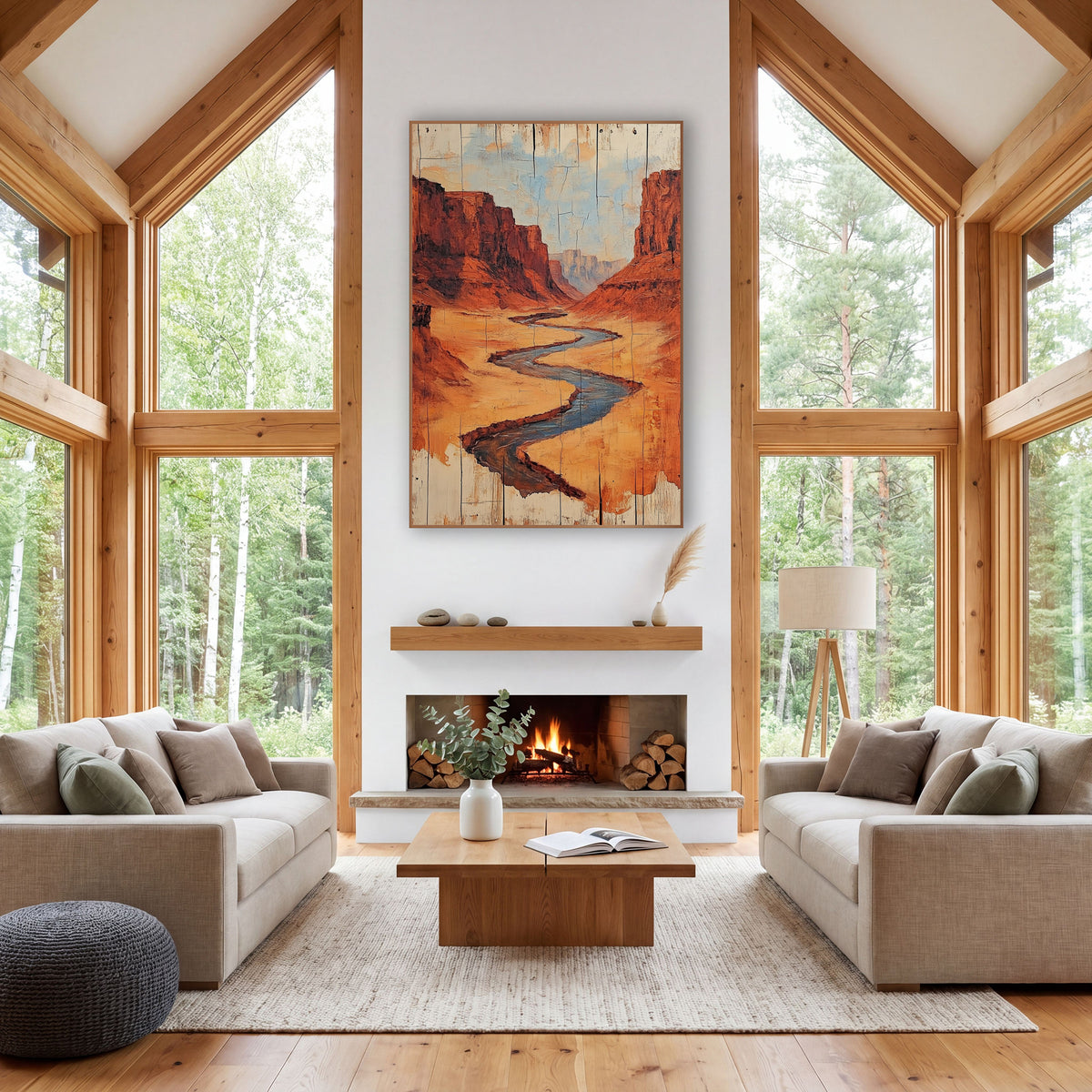 Blue Stream Canyon Cracked Plank wall art in a rustic western-style room – winding blue-gray river through a red rock