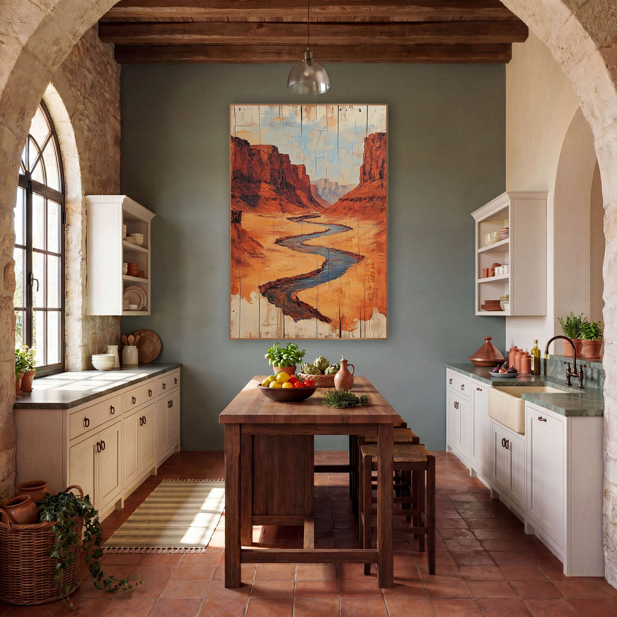 Blue Stream Canyon Cracked Plank wall art in a rustic western-style room – winding blue-gray river through a red rock